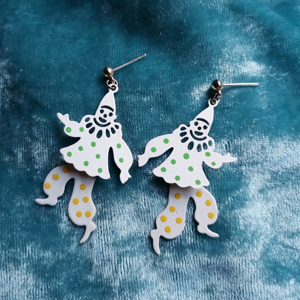 Clown Dangle Earrings with Green and Yellow polka dots